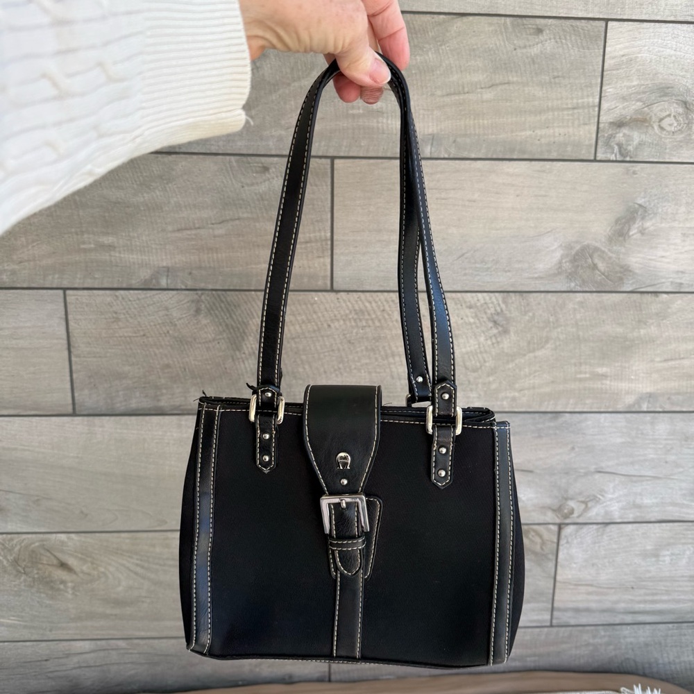Etienne Aigner Elegant Black Leather/Canvas Preppy Mini‎ Shoulder Tote Bag NWOT